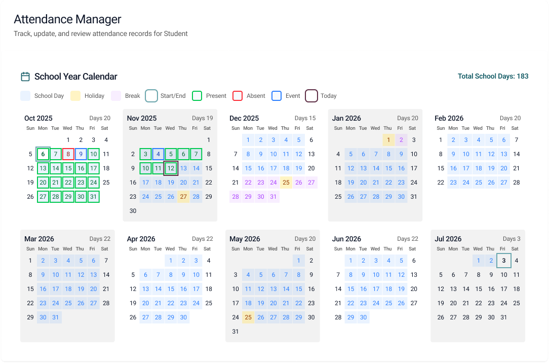 student attendance calendar