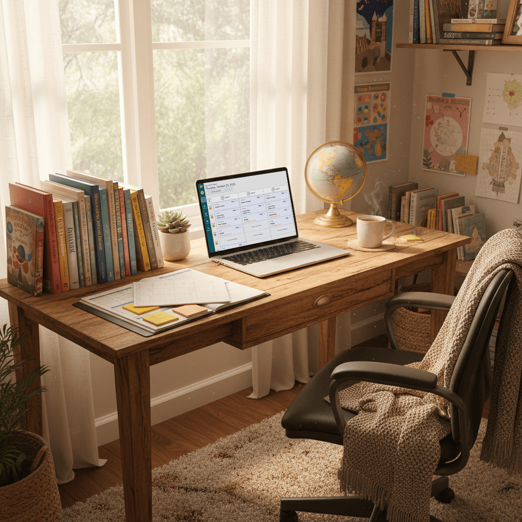 Teacher desk setup for homeschool planning